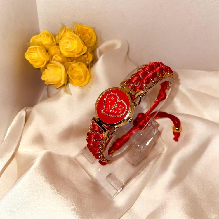 Heart Shaped Red Braided Bracelet Watch for Girls