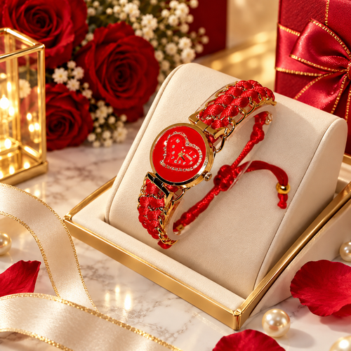 Heart Shaped Red Braided Bracelet Watch for Girls