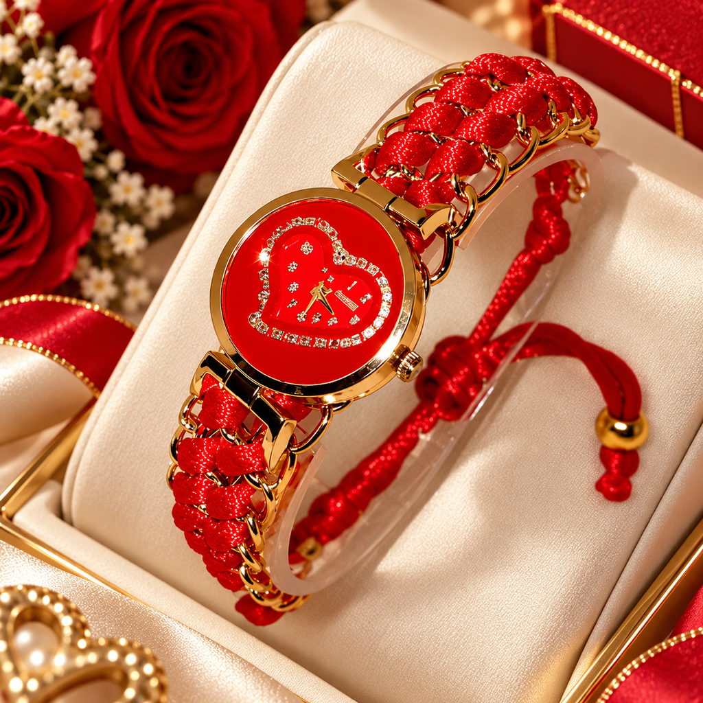 Heart Shaped Red Braided Bracelet Watch for Girls