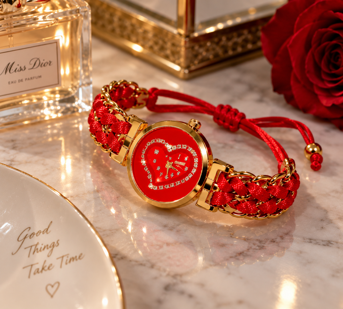 Heart Shaped Red Braided Bracelet Watch for Girls